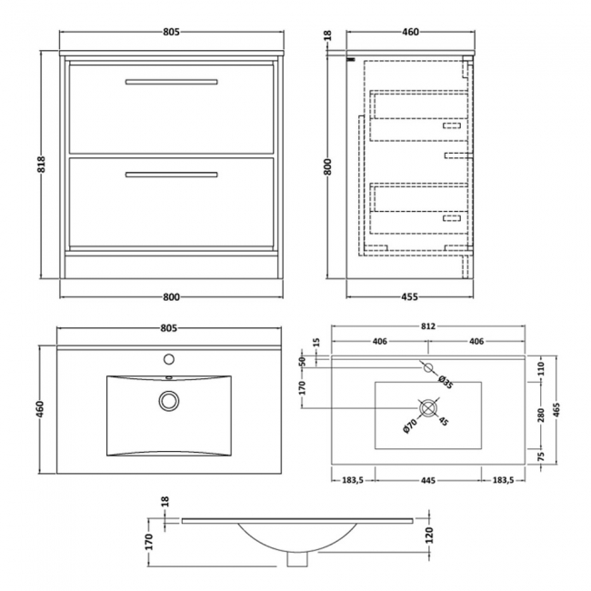 Hudson Reed Lille Floor Standing 2-Drawer Vanity Unit with 1TH Minimalist Basin 800mm Wide - Antique Oak  | Dimension Image