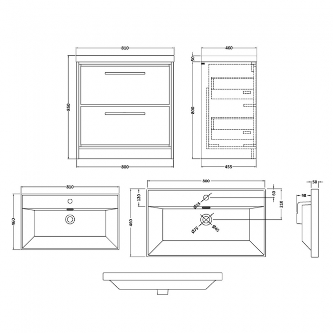 Hudson Reed Lille Floor Standing 2-Drawer Vanity Unit with 1TH Thin-Edge Basin 800mm Wide - Bleached Oak  | Dimension Image