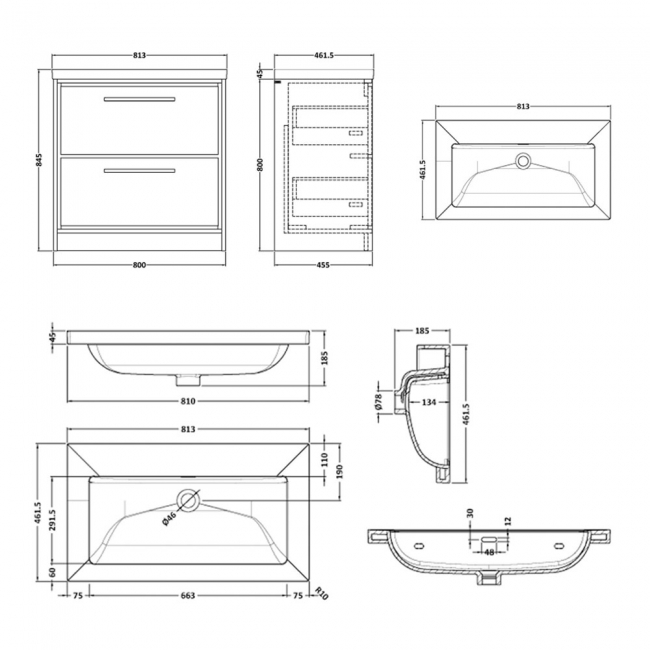 Hudson Reed Lille Floor Standing 2-Drawer Vanity Unit with 0TH Contemporary Basin 800mm Wide - Pebble Grey  | Dimension Image