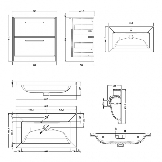 Hudson Reed Lille Floor Standing 2-Drawer Vanity Unit with 1TH Contemporary Basin 800mm Wide - Antique Oak  | Dimension Image