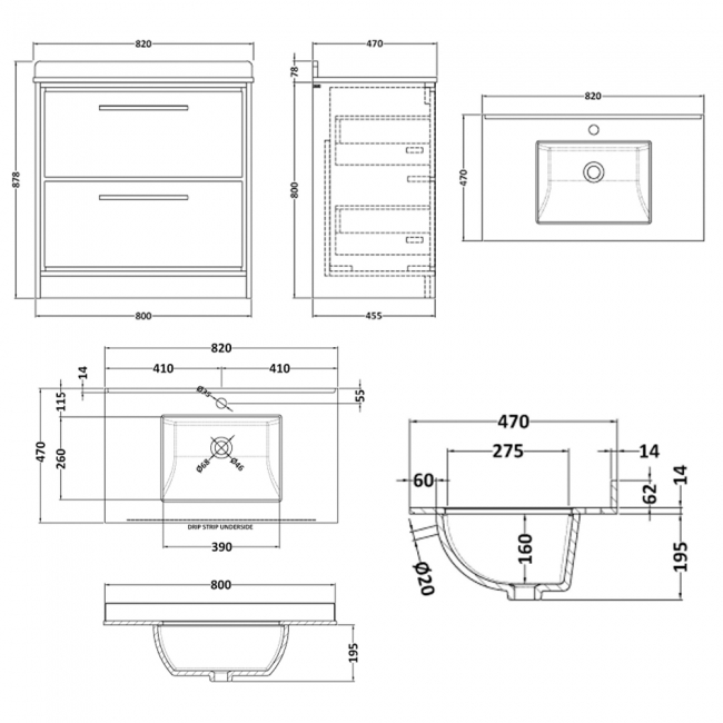 Hudson Reed Lille Floor Standing 2-Drawer Vanity Unit with White Marble Worktop Basin 800mm Wide - Pebble Grey  | Dimension Image