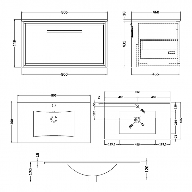 Hudson Reed Lille Wall Hung 1-Drawer Vanity Unit with 1TH Minimalist Basin 800mm Wide - Antique Oak  | Dimension Image