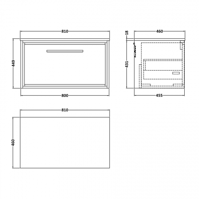 Hudson Reed Lille Wall Hung 1-Drawer Vanity Unit with Carrera Marble Worktop 800mm Wide - Bleached Oak  | Dimension Image