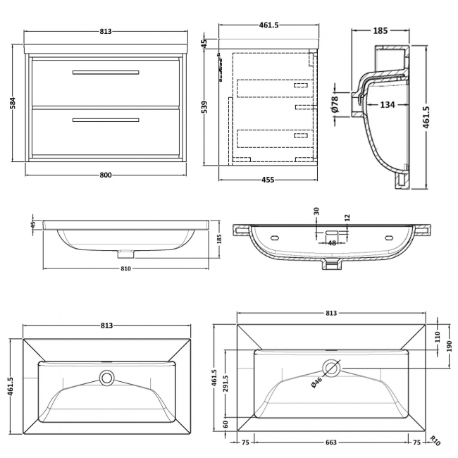 Hudson Reed Lille Wall Hung 2-Drawer Vanity Unit with 0TH Contemporary Basin 800mm Wide - Antique Oak  | Dimension Image