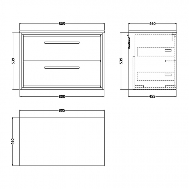 Hudson Reed Lille Wall Hung 2-Drawer Vanity Unit with Worktop 800mm Wide - Bleached Oak  | Dimension Image