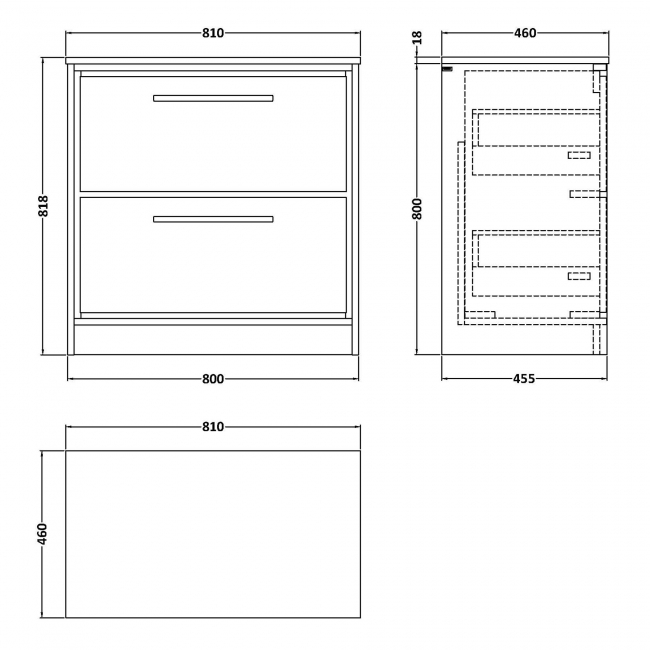 Hudson Reed Lille Floor Standing 2-Drawer Vanity Unit with Carrera Marble Worktop 800mm Wide - Bleached Oak  | Dimension Image