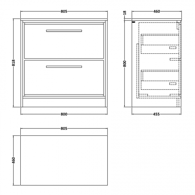 Hudson Reed Lille Floor Standing 2-Drawer Vanity Unit with Worktop 800mm Wide - Bleached Oak  | Dimension Image
