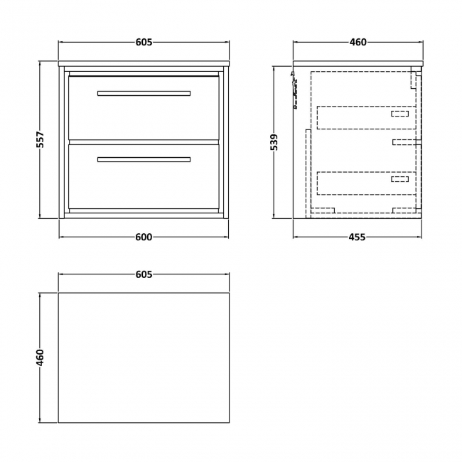 Hudson Reed Lille Wall Hung 2-Drawer Vanity Unit with Worktop 600mm Wide - Fern Green  | Dimension Image