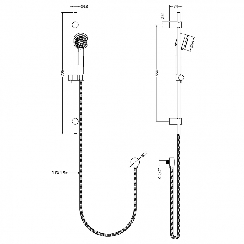 Hudson Reed Linear Slider Three Function Handset Shower Rail Kit - Chrome