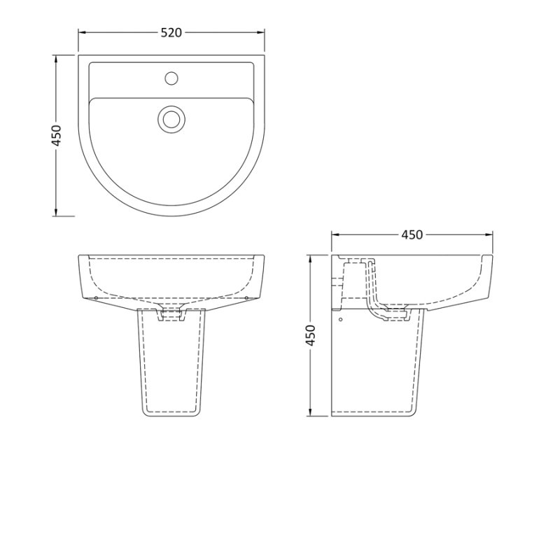 Hudson Reed Marlow Comfort Basin and Semi Pedestal 520mm Wide - 1 Tap Hole