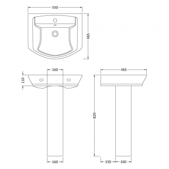 Hudson Reed Maya Basin with Full Pedestal 550mm Wide - 1 Tap Hole