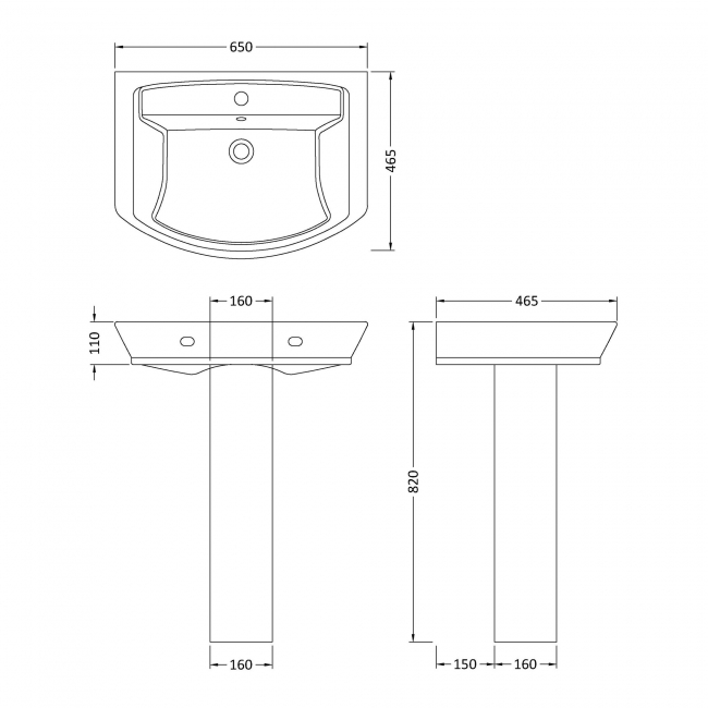 Hudson Reed Maya Basin with Full Pedestal 650mm Wide - 1 Tap Hole