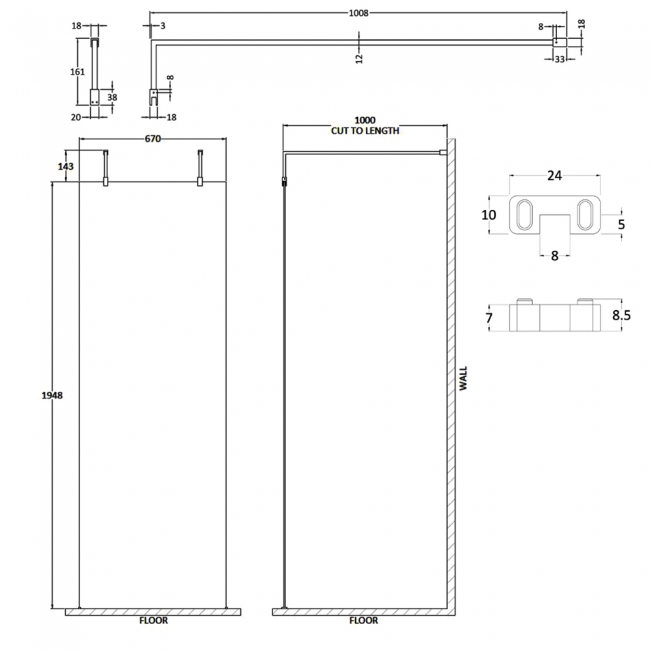 Hudson Reed Wet Room Screen with Brass Support Arms and Feet 700mm Wide - 8mm Glass