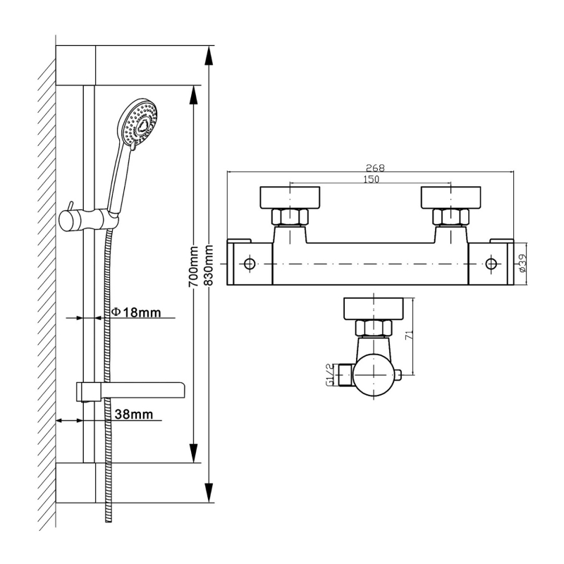 Hudson Reed Minimalist Thermostatic Bar Shower Valve with Slimline Slider Rail Kit - Chrome