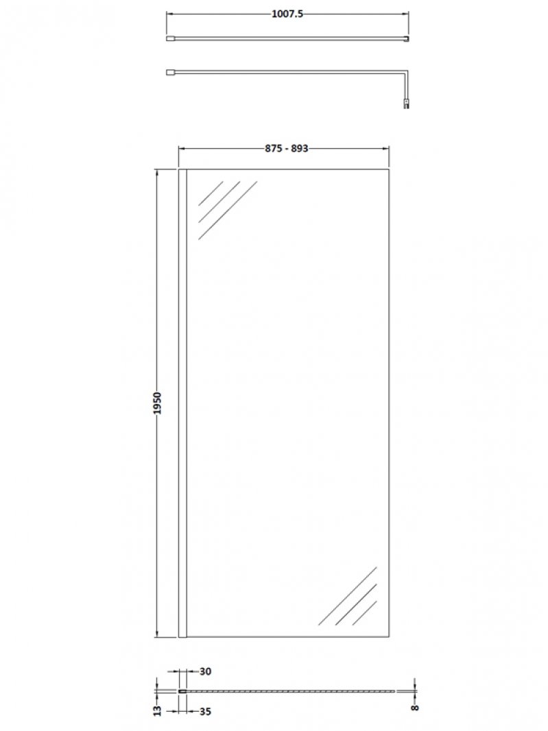 Hudson Reed Wet Room Screen with Black Support Bar 900mm Wide - 8mm Glass