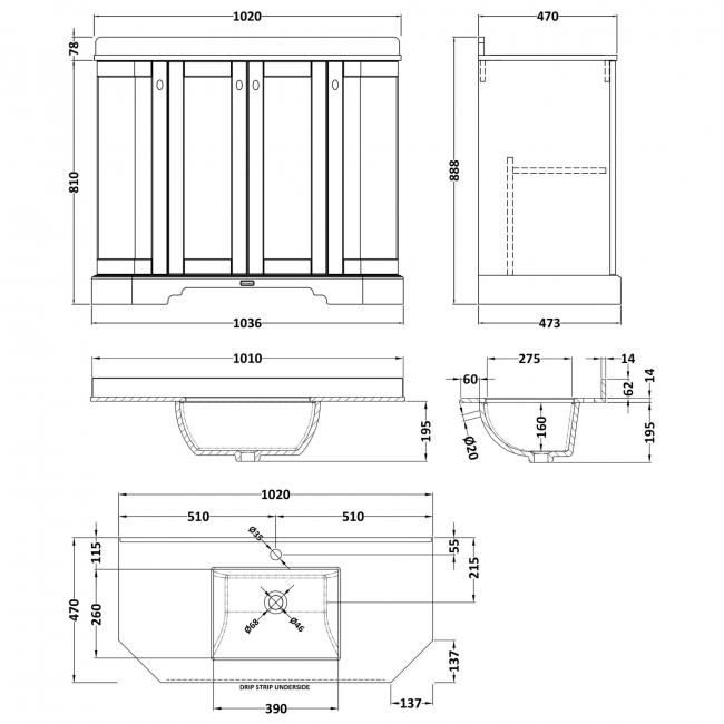 Hudson Reed Old London Angled Floor Standing Vanity Unit with 1TH White Marble Top Basin 1000mm Wide - Storm Grey