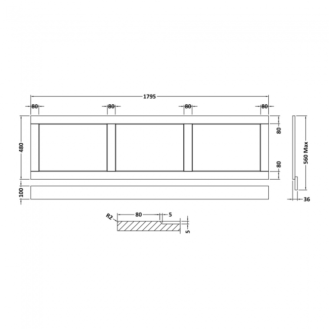 Hudson Reed Old London Bath Front Panel 560mm H x 1795mm W - Storm Grey