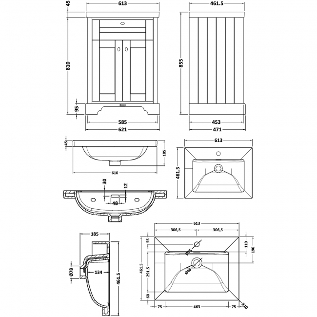 Hudson Reed Old London Floor Standing Vanity Unit with 1TH Contemporary Basin 600mm Wide - Hunter Green  | Dimension Image