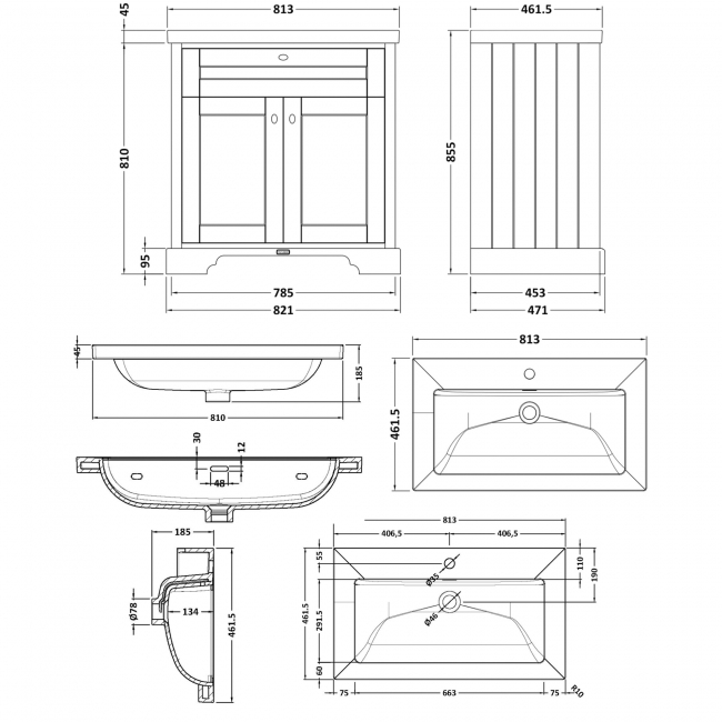 Hudson Reed Old London Floor Standing Vanity Unit with 1TH Contemporary Basin 800mm Wide - Storm Grey  | Dimension Image