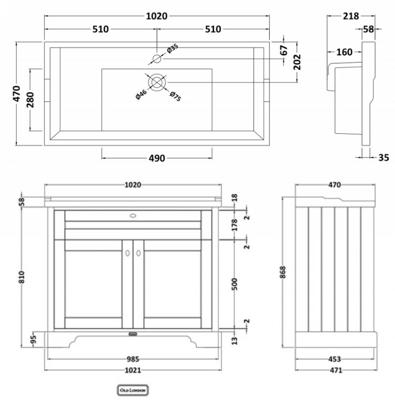 Hudson Reed Old London Floor Standing Vanity Unit with 1TH Basin 1000mm Wide - Storm Grey