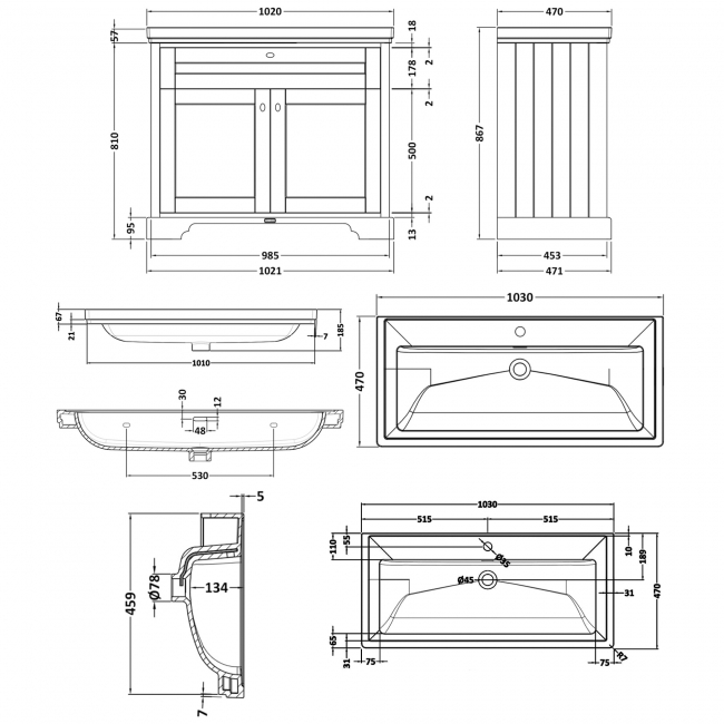 Hudson Reed Old London Floor Standing Vanity Unit with 1TH Classique Basin 1000mm Wide - Timeless Sand  | Dimension Image