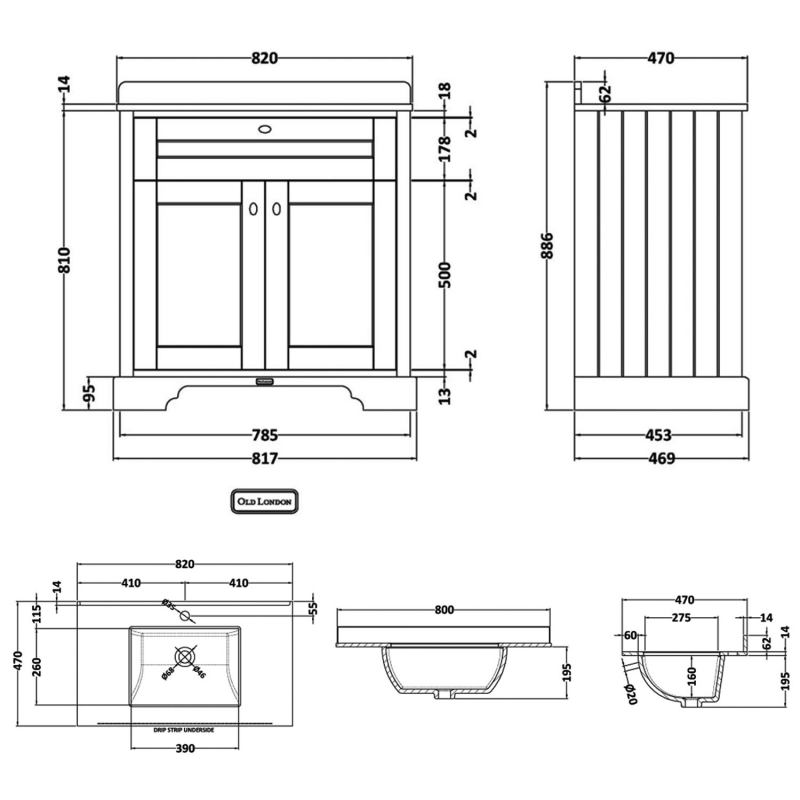 Hudson Reed Old London Floor Standing Vanity Unit with 1TH White Marble Top Rectangular Basin 820mm Wide - Twilight Blue