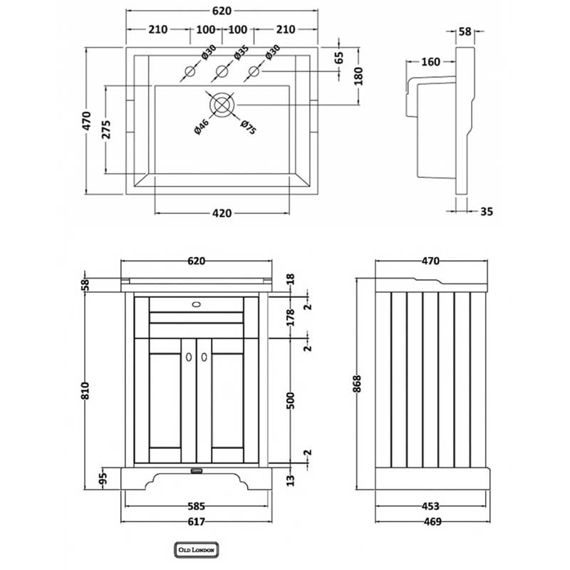 Hudson Reed Old London Floor Standing Vanity Unit with 3TH Basin 600mm Wide - Twilight Blue