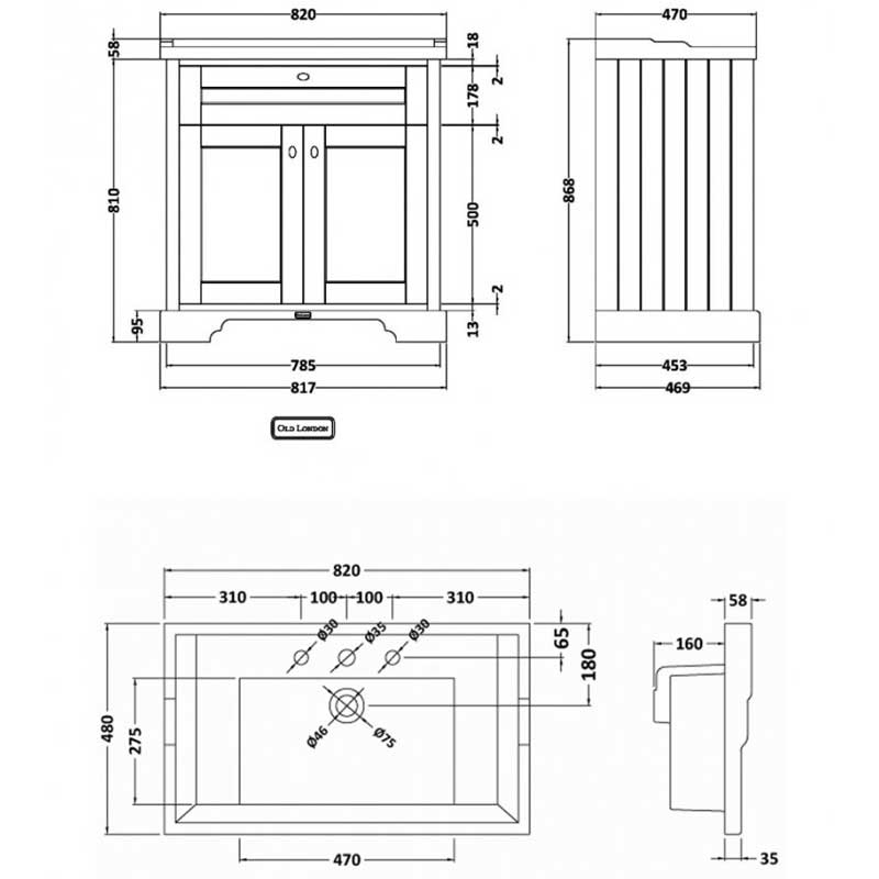 Hudson Reed Old London Floor Standing Vanity Unit with 3TH Basin 800mm Wide - Twilight Blue