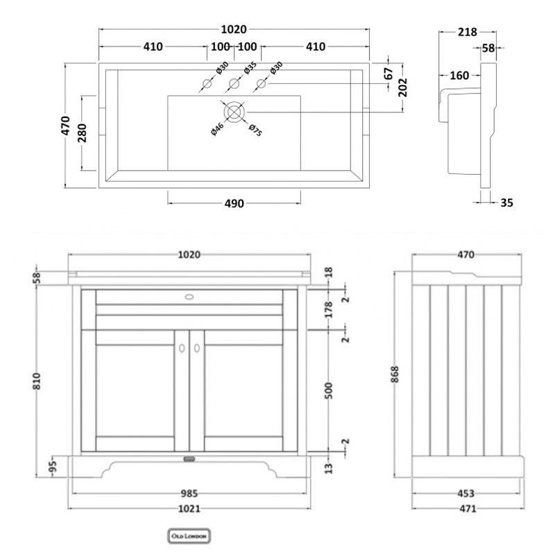 Hudson Reed Old London Floor Standing Vanity Unit with 3TH Basin 1000mm Wide - Twilight Blue