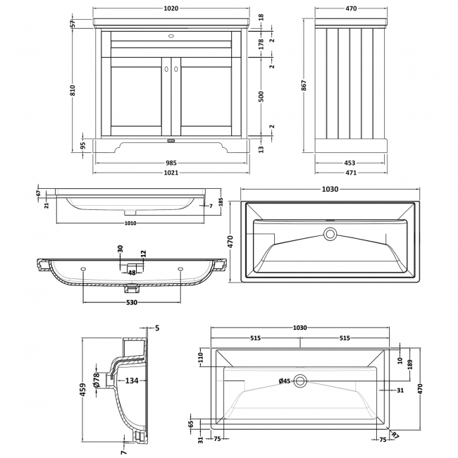Hudson Reed Old London Floor Standing Vanity Unit with 0TH Classique Basin 1000mm Wide - Storm Grey  | Dimension Image
