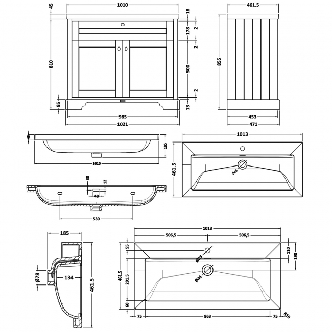 Hudson Reed Old London Floor Standing Vanity Unit with 1TH Contemporary Basin 1000mm Wide - Storm Grey  | Dimension Image