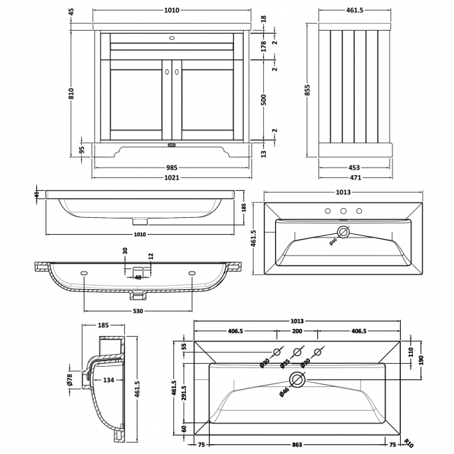 Hudson Reed Old London Floor Standing Vanity Unit with 3TH Contemporary Basin 1000mm Wide - Timeless Sand  | Dimension Image