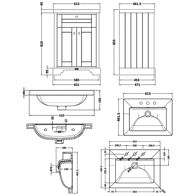 Hudson Reed Old London Floor Standing Vanity Unit with 3TH Contemporary Basin 600mm Wide - Storm Grey  | Dimension Image