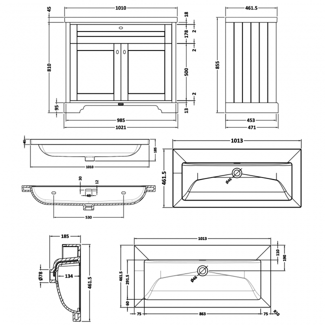 Hudson Reed Old London Floor Standing Vanity Unit with 0TH Contemporary Basin 1000mm Wide - Hunter Green  | Dimension Image