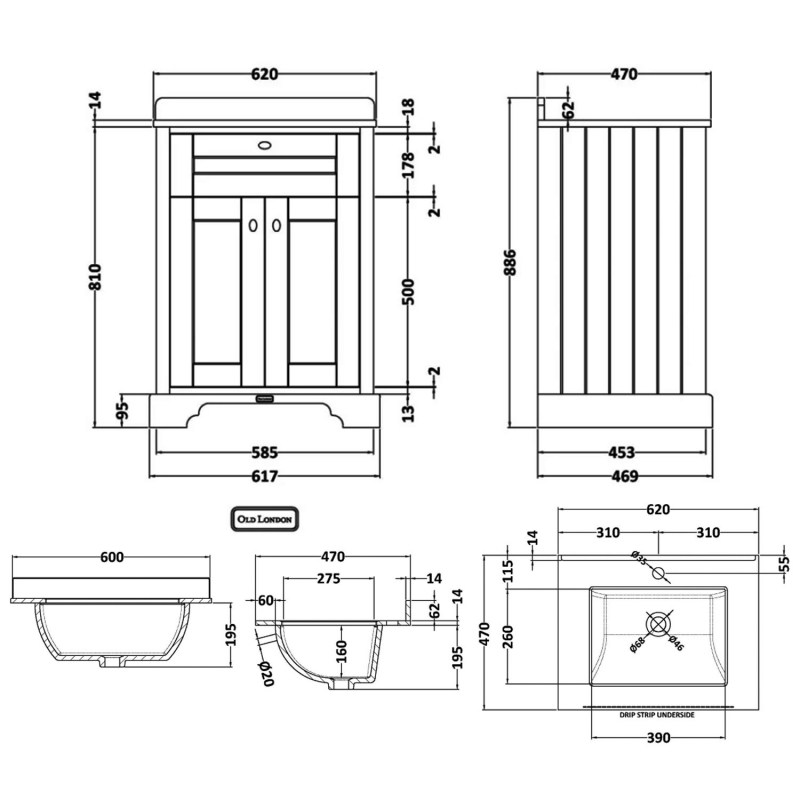 Hudson Reed Old London Floor Standing Vanity Unit with 1TH White Marble Top Rectangular Basin 600mm Wide - Storm Grey