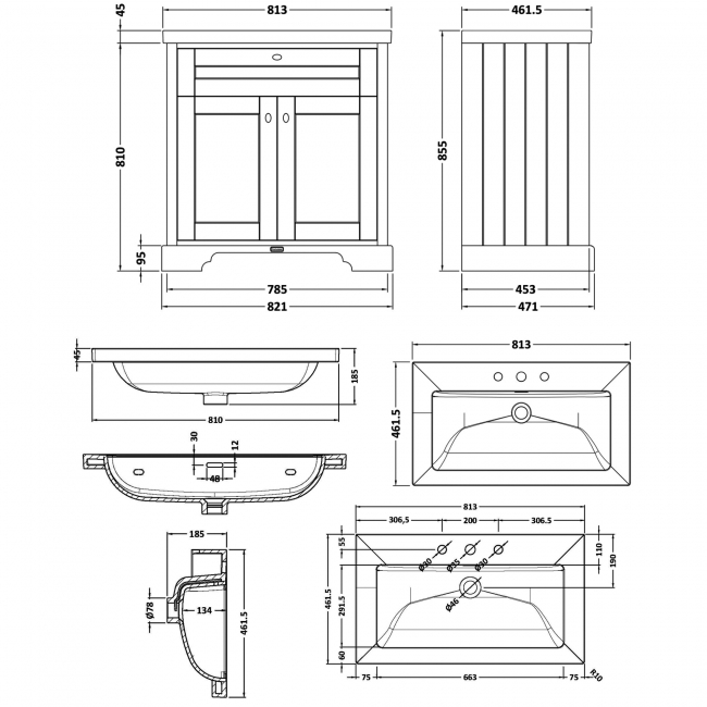 Hudson Reed Old London Floor Standing Vanity Unit with 3TH Contemporary Basin 800mm Wide - Storm Grey  | Dimension Image
