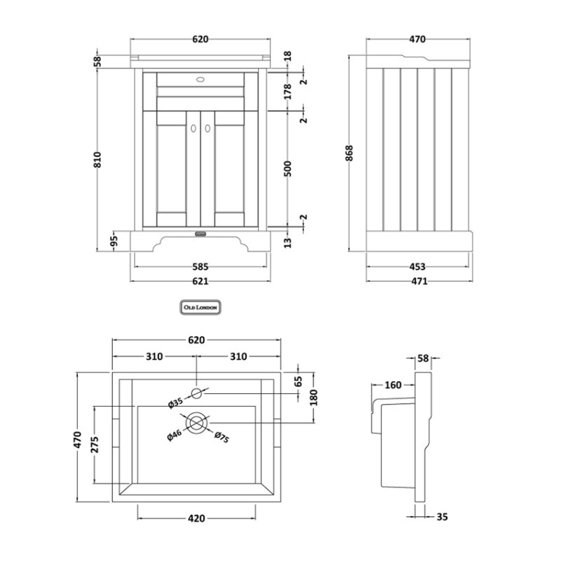 Hudson Reed Old London Floor Standing Vanity Unit with 1TH Basin 600mm Wide - Hunter Green