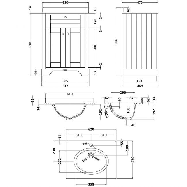 Hudson Reed Old London Floor Standing Vanity Unit with 1TH Grey Marble Top Basin 600mm Wide - Hunter Green