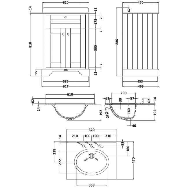 Hudson Reed Old London Floor Standing Vanity Unit with 3TH Black Marble Top Basin 600mm Wide - Timeless Sand