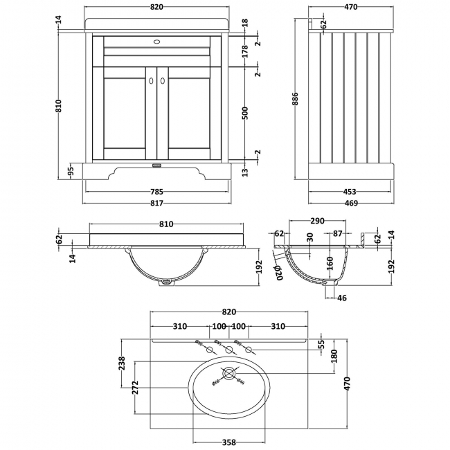 Hudson Reed Old London Floor Standing Vanity Unit with 3TH Grey Marble Top Basin 800mm Wide - Timeless Sand