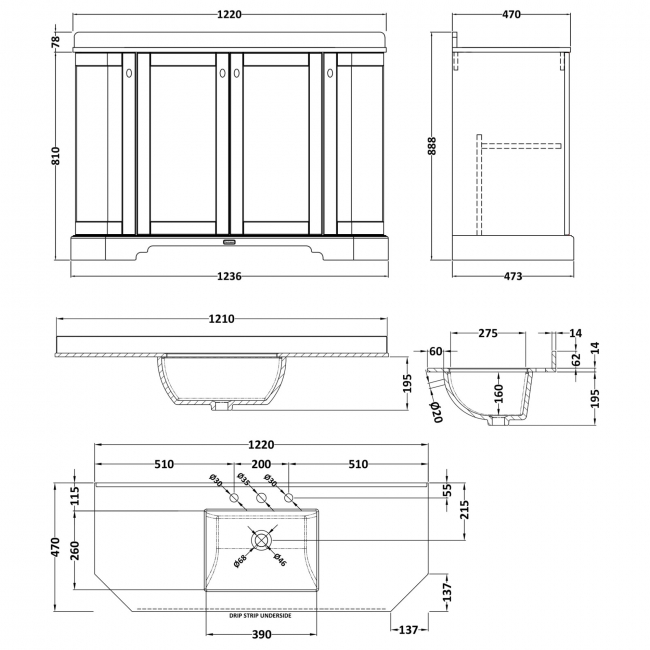 Hudson Reed Old London Angled Floor Standing Vanity Unit with 3TH White Marble Top Basin 1200mm Wide - Hunter Green