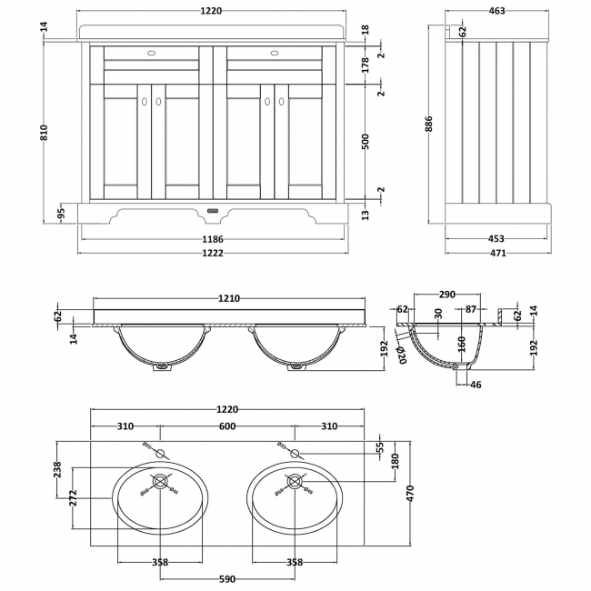 Hudson Reed Old London Floor Standing Vanity Unit with 1TH Black Marble Top Basin 1200mm Wide - Timeless Sand