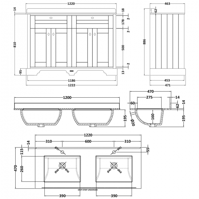 Hudson Reed Old London Floor Standing Vanity Unit with 1TH White Double Marble Top Rectangular Basin 1220mm Wide - Timeless Sand