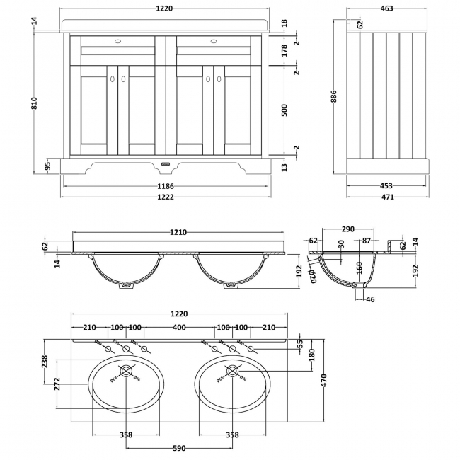 Hudson Reed Old London Floor Standing Vanity Unit with 3TH White Marble Top Basin 1200mm Wide - Storm Grey
