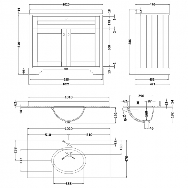 Hudson Reed Old London Floor Standing Vanity Unit with 1TH Grey Marble Top Basin 1000mm Wide - Storm Grey