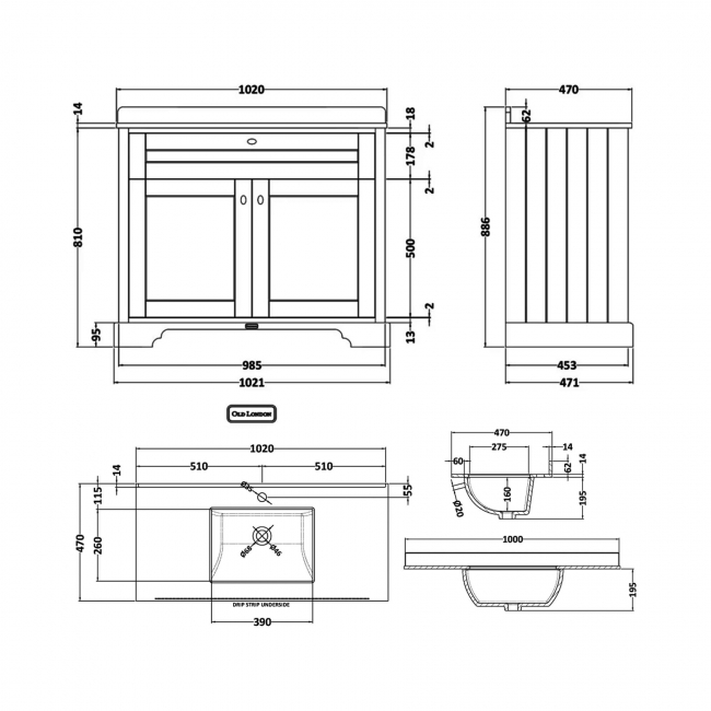 Hudson Reed Old London Floor Standing Vanity Unit with 1TH White Marble Top Rectangular Basin 1000mm Wide - Storm Grey