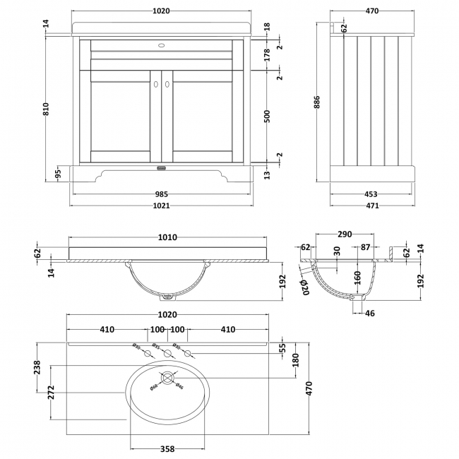 Hudson Reed Old London Floor Standing Vanity Unit with 3TH Grey Marble Top Basin 1000mm Wide - Storm Grey