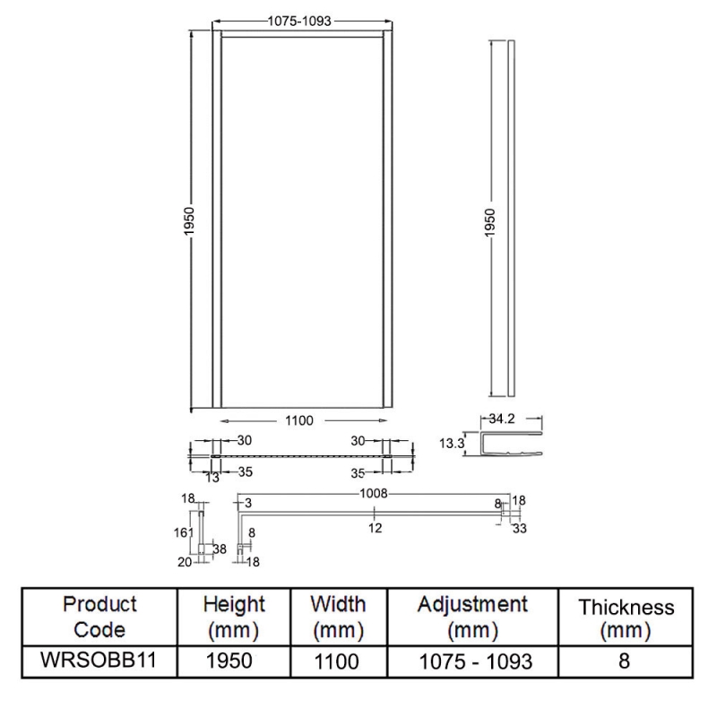 Hudson Reed Outer Framed Brushed Brass Wetroom Screen with Support Bar 1100mm W x 1950mm H - 8mm Glass  | Dimension Image