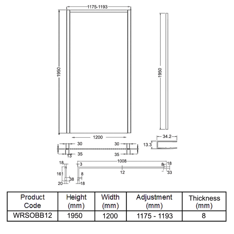 Hudson Reed Outer Framed Brushed Brass Wetroom Screen with Support Bar 1200mm W x 1950mm H - 8mm Glass  | Dimension Image