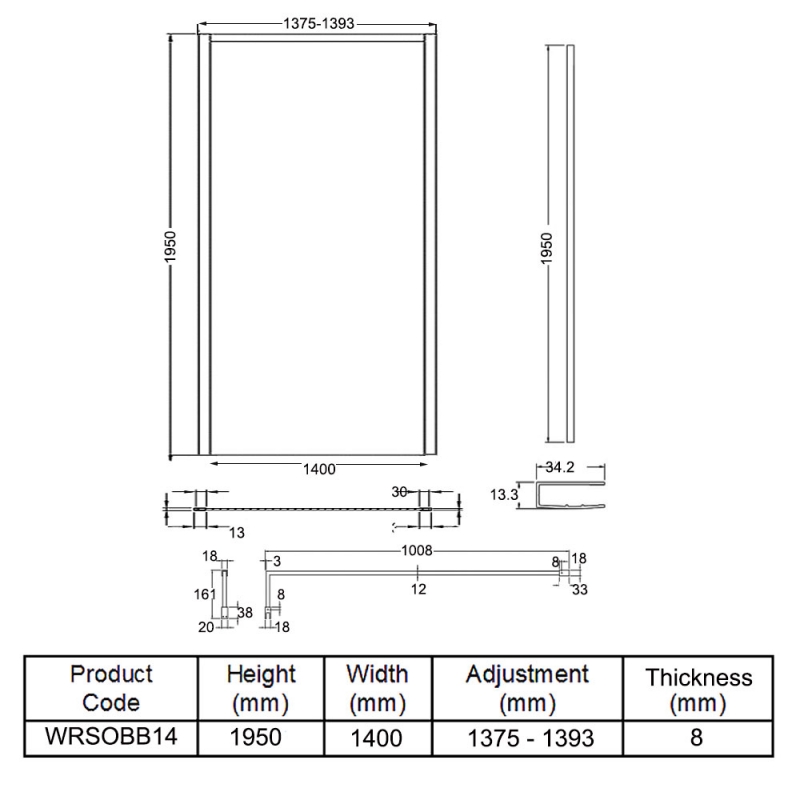 Hudson Reed Outer Framed Brushed Brass Wetroom Screen with Support Bar 1400mm W x 1950mm H - 8mm Glass